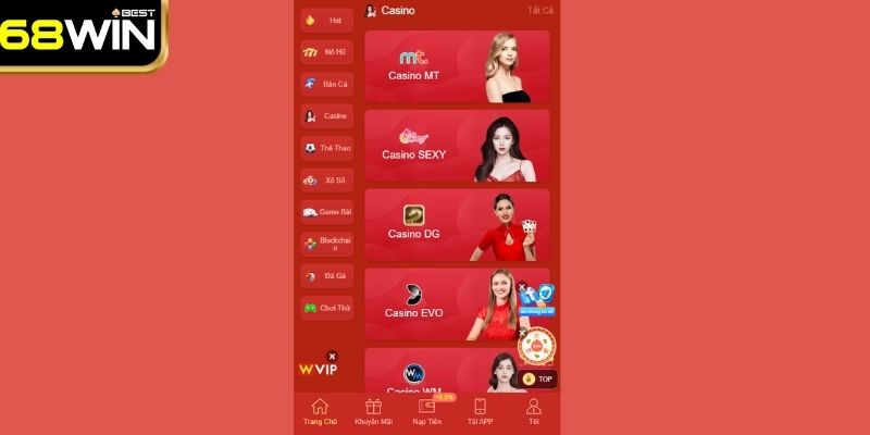 Sảnh casino 68WIN ghi nhận đông đảo khách hàng